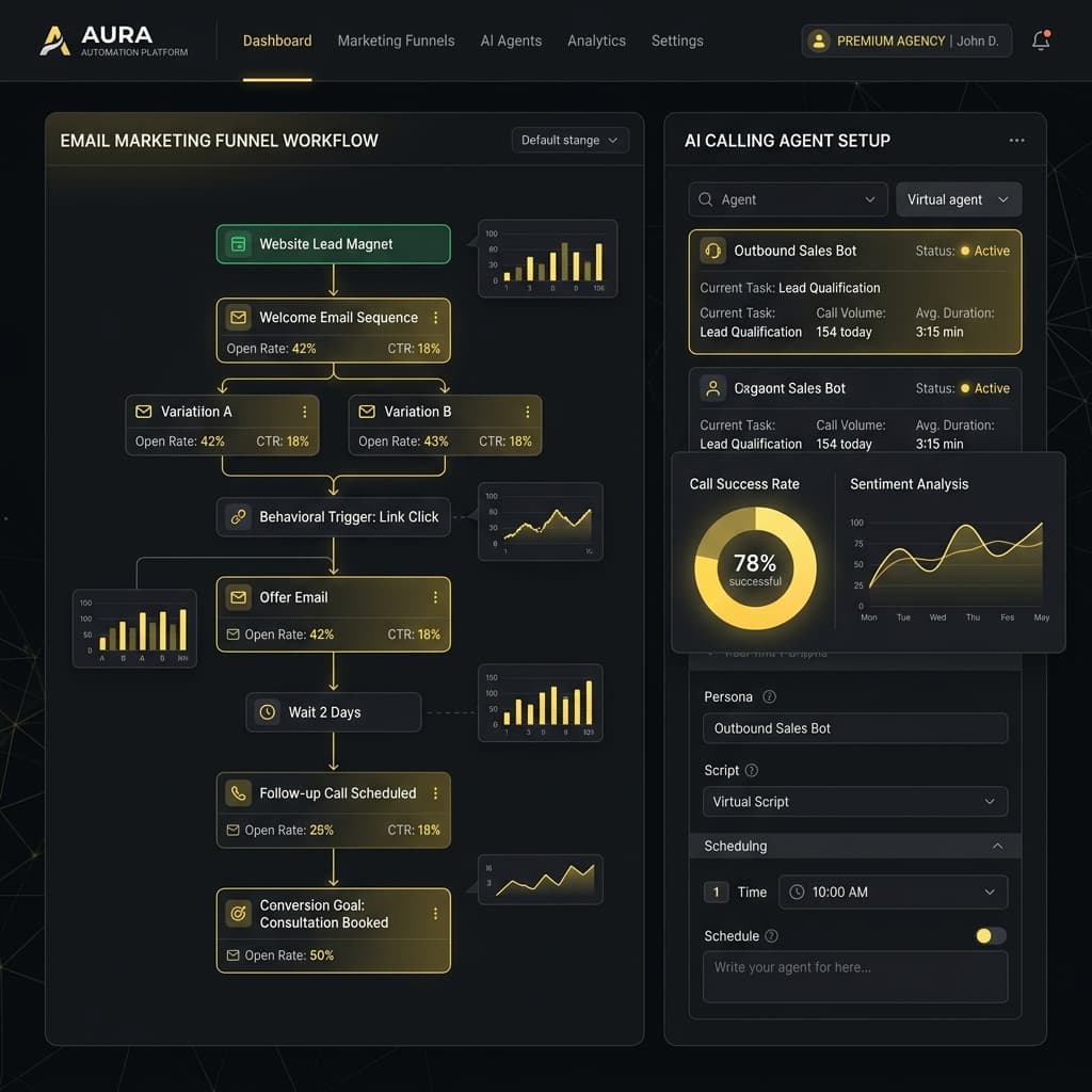 ZAPSHERE automation dashboard showing email funnel workflow and AI calling agent setup